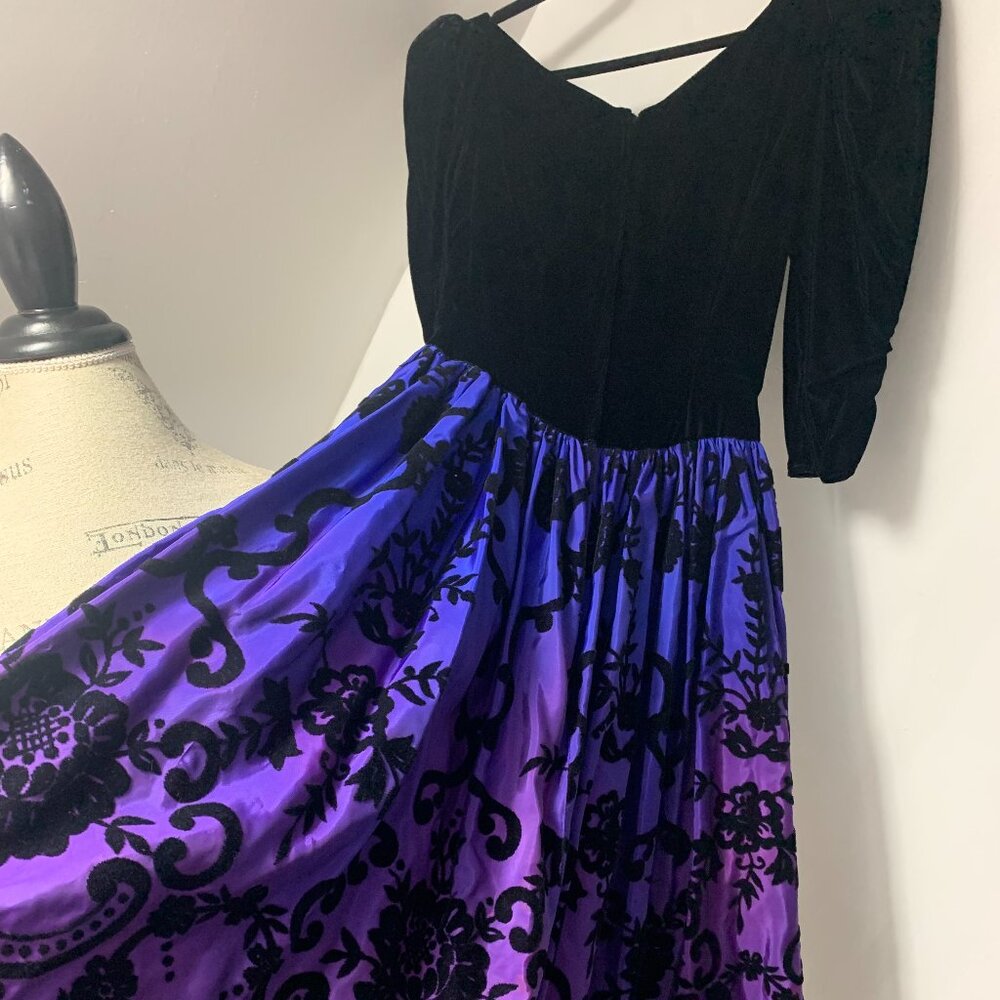Vintage Scott McClintock Velvet Dress Puff Sleeve Prom Dress Brocade Flocked Omb